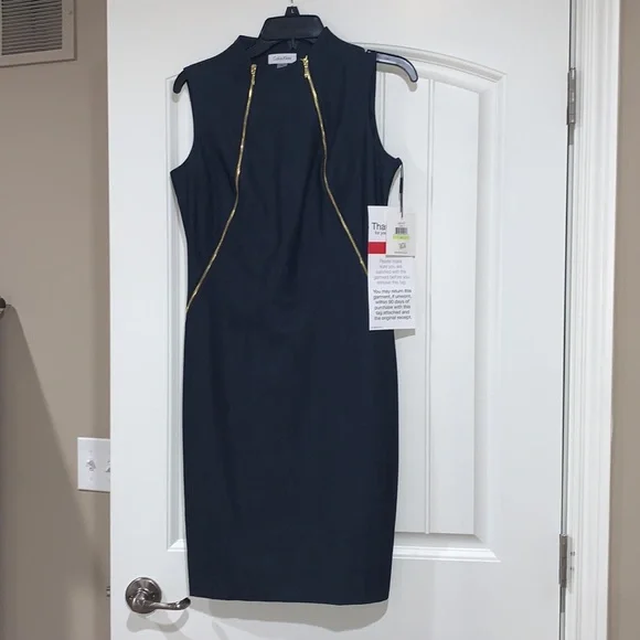 NWT Calvin Klein Navy jean shift dress with Gold double zipper - Picture 2 of 8